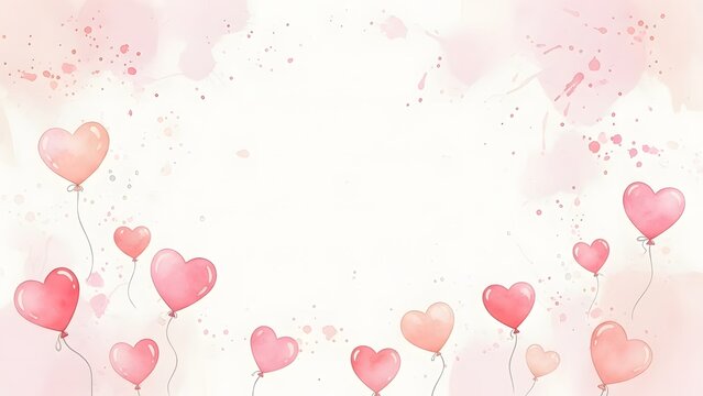 Heart shaped balloons float across a pastel pink watercolor background with scattered paint splatters and speckles - Powered by Adobe