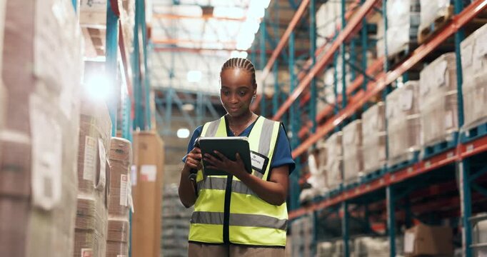 Logistics, tablet and woman in warehouse with barcode reader for stock, inventory and scroll records. Technology, distribution and black person with scanner for storage update, smile and flare