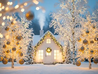 A cozy white cottage with a smoking chimney glows warmly amidst snowy trees decorated with festive golden ornaments