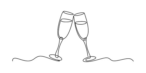Minimalist continuous line art drawing of two champagne flutes making a toast to celebrate Vector, illustration © RK Drawing Gallery