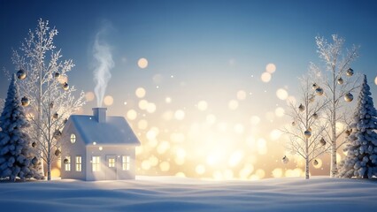 A cozy white cottage with a smoking chimney glows warmly amidst snowy trees decorated with festive golden ornaments
