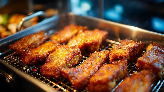 Crispy Golden Fried Chicken on a Grill Rack, Close-up Food Photography for Menus and Advertising.