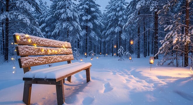 Snow covered wooden bench in a winter forest with fairy lights - Powered by Adobe