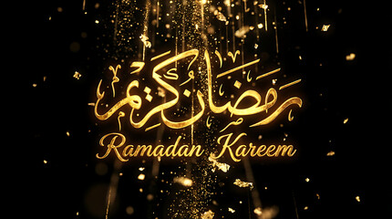 Ramadan Kareem Golden Calligraphy with Glittering Particles on Black Background.