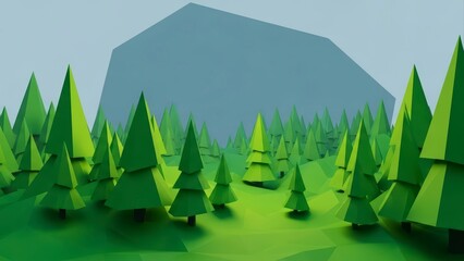 Low poly forest landscape with green trees and a large mountain in the background.