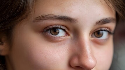 Obraz premium Close up of a young person s warm brown eyes conveying a gentle and soft gaze with natural skin texture