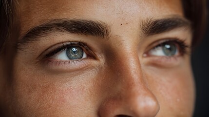 Detailed close up of a person s face showing warm skin texture blue grey eyes with light reflections and a neutral contemplative expression
