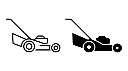 Lawnmower vector icon illustration set depicting garden and landscaping equipment