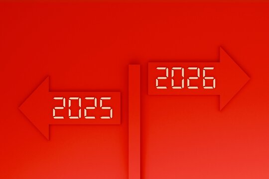 cgi arrow sign texture. year transition concept. 2025 to 2026 abstract background minimal modern corporate red for banner. advertising for business planning. cgi render.