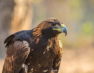 Close-up of a regal brown bird with sharp beak, golden eye