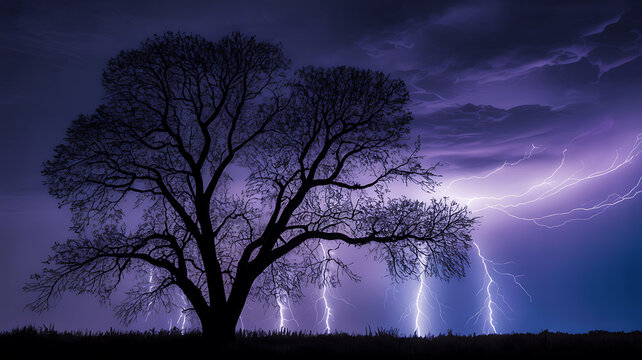 A lone tree stands against a dramatic stormy sky with lightning illuminating the dark clouds - Powered by Adobe