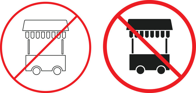 no food stall icon. No street vending symbols. Food stands prohibition graphic design. Food Stand Restriction Icons
