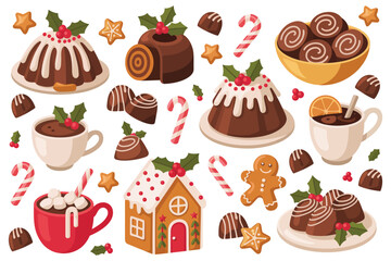 Festive Food Collection, featuring pudding, yule log cake, gingerbread house, and winter holiday desserts in detailed vector illustration