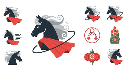 A collection of stylized black horse head icons with flowing grey manes and red capes, alongside traditional Chinese cultural symbols like lanterns and ornaments. © renender
