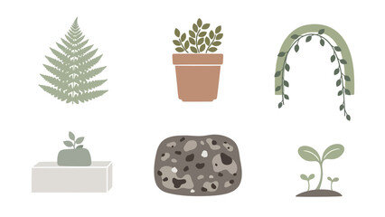 Fototapeta premium A collection of minimalist illustrations featuring various plants, including a fern, potted plants, a vine arch, and sprouts, in earthy tones.