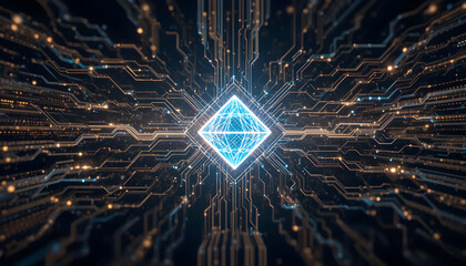 Glowing blue diamond on futuristic circuit board background