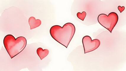 watercolor painting of red hearts on soft pink background with watercolor splatters