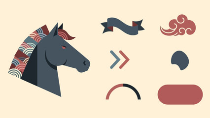 Stylized dark blue horse head with patterned mane and various graphic design elements on a light background. © renender