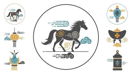 Naklejka premium Stylized Chinese zodiac horse illustration with traditional cultural elements and lanterns.