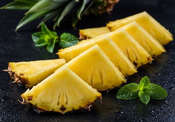 Fresh pineapple slices with green mint leaves on dark surface