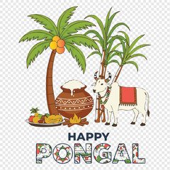Happy Pongal Illustration with Pot, Bull, and Palm Tree