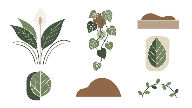 A collection of minimalist plant illustrations featuring a peace lily, hanging vine, stylized leaves, and gardening elements in a flat design style.