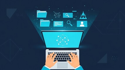 man using laptop with online icons and files floating above screen in cyber space