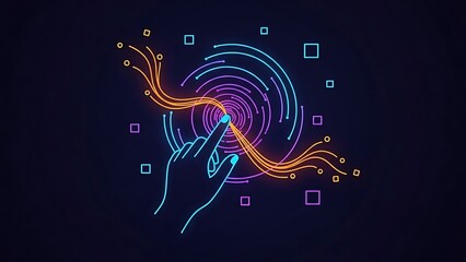 neon glowing hand touching colorful swirling lines and shapes
