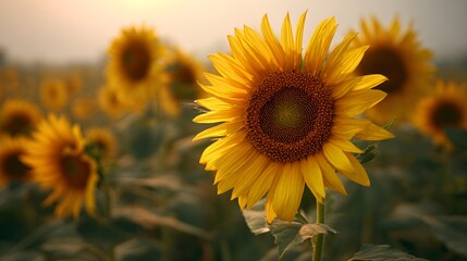 Fototapeta premium Golden Dawn Sunflowers: Vibrant Field Blooms in Morning Light