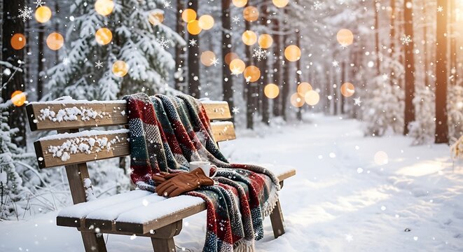 Cozy plaid blanket draped over a snow covered park bench in a winter forest - Powered by Adobe