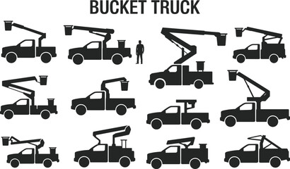 Bucket truck silhouette collection, utility vehicle vector, elevated work platform icons, maintenance truck designs, construction equipment art, isolated black illustrations