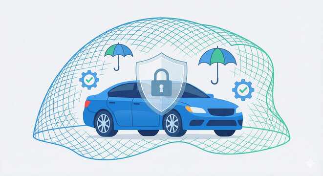 Vector style car insurance concept with generic car and abstract protection elements, flat clean illustration, modern business style