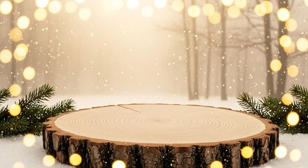 Wooden log slice podium with festive bokeh lights and pine branches