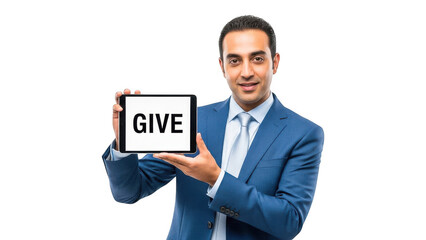 Smiling businessman holding tablet with give text isolated on transparent background