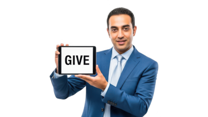 Smiling businessman holding tablet with give text isolated on transparent background