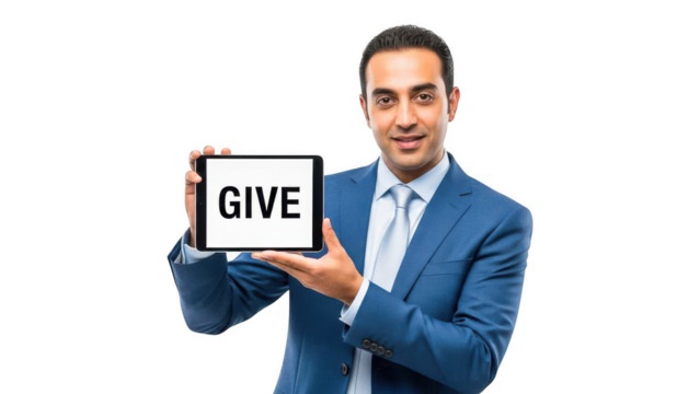 Smiling businessman holding tablet with give text isolated on transparent background - Powered by Adobe