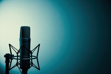 Vintage studio microphone on stand against a blue gradient background