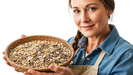 Woman holding a wicker basket filled with mixed seeds isolated on transparent background
