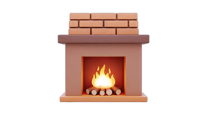 3D Fireplace with Burning Fire and Logs on White Background