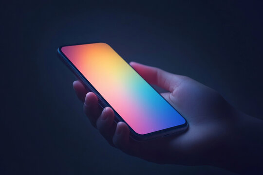 Close up of hand holding modern smartphone with colorful gradient screen on dark background. Concept of digital technology and mobile communication - Powered by Adobe