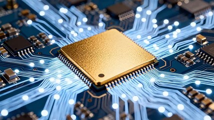 Closeup of a circuit board with a central chip - Powered by Adobe