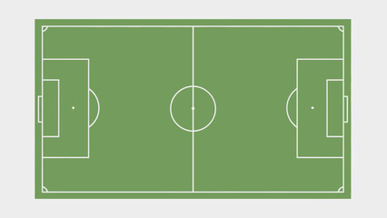 Green soccer field top view with white lines and goals on a light gray background. © UDIN