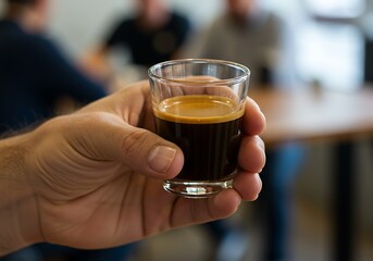 Hand holding a glass of espresso with an amber layer against blurred background