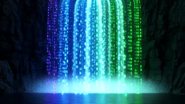 Digital data waterfall with vibrant blue, green, and purple streams flowing into a glowing pool.