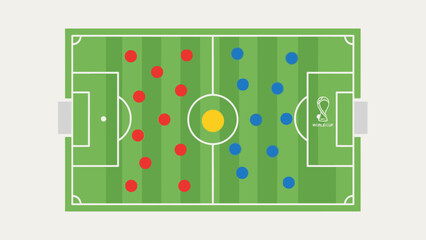 Vector illustration of a professional soccer field with green grass and strategic pitch lines for a football championship game plan or sport tactic competition © UDIN