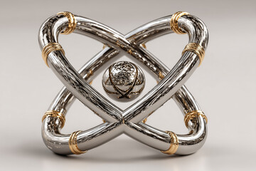 Futuristic metallic sculpture with interlocking loops and central sphere