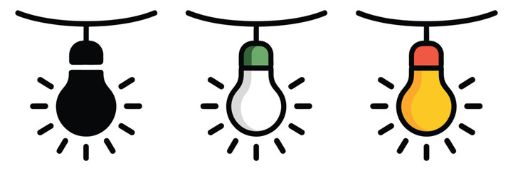 Festive Light Icons, featuring three string bulb silhouettes with small glow in flat solid monochrome, thin black outline, and full-color flat styles for holiday design