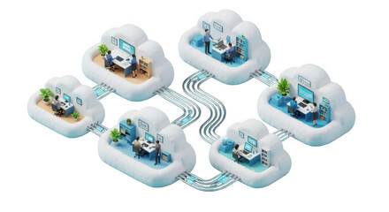 Cloud computing network with interconnected servers and data centers representing cloud infrastructure and connectivity isolated on transparent background