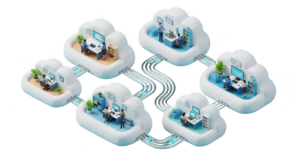 Cloud computing network with interconnected servers and data centers representing cloud infrastructure and connectivity isolated on transparent background