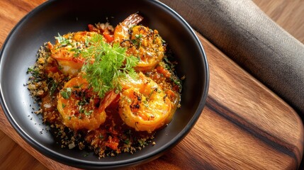Delicious and Flavorful Shrimp Dish Garnished with Fresh Herbs and Served on Rustic Wooden Platter